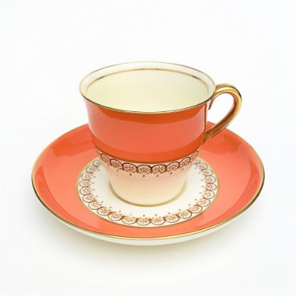 Picture of Vintage Aynsley Bone China Orange & Pale Butter Yellow Demitasse Cup & Saucer with Brown Scroll Details