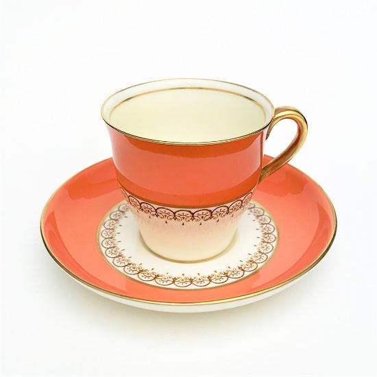 Picture of Vintage Aynsley Bone China Orange & Pale Butter Yellow Demitasse Cup & Saucer with Brown Scroll Details