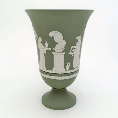 Picture of Wedgwood Jasperware Cream On Celadon "Sacrifice" Motif Pedestal Vase