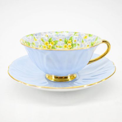 Picture of Vintage Shelley English Bone China Pale Blue Oleander Shape Teacup & Saucer with 'Primrose Chintz' Interior