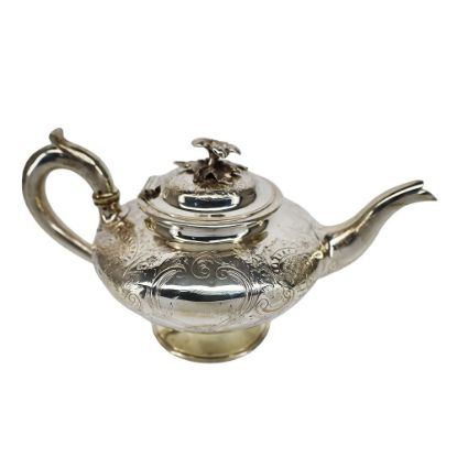 Picture of Antique 1840 English Sterling Silver Teapot with Flower Finial by John James Keith, London