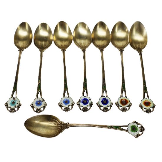 Picture of Antique Set of 8 Whiting Gold Washed Sterling Silver Demitasse Spoons with Enameled Flower Handles