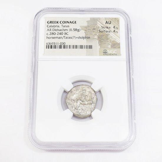 Picture of Boy and Dolphin, c.281-240 BC, Calabria, Taras AR Didrachm, NGC AU 4/4