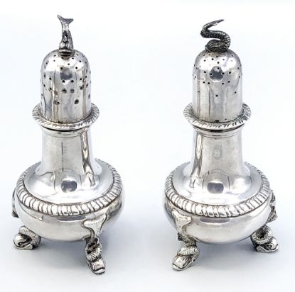 Picture of Antique Sterling Silver Salt & Pepper Shakers with Dolphin Feet & Finials