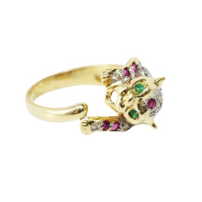 Picture of 14k Yellow Gold Diamond Ruby and Emerald Panther Ring