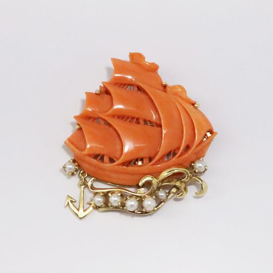 Picture of 14k Yellow Gold Coral & Cultured Pearl Ship Brooch 
