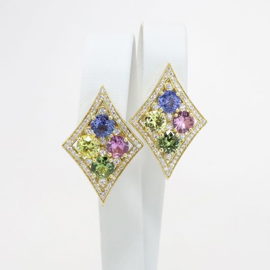 Picture of 18k Yellow Gold Multi Colored Sapphire & Diamond Earrings 