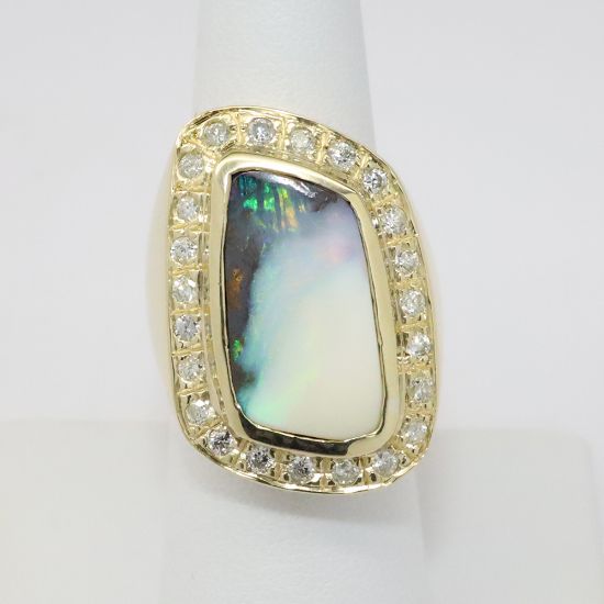 Picture of Custom 14k Yellow Gold Boulder Opal & Diamond Ring 