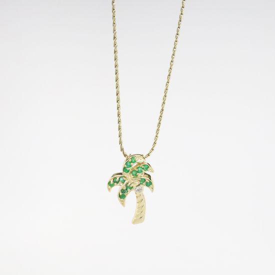Picture of 14k Yellow Gold Emerald & Diamond Palm Tree Necklace 