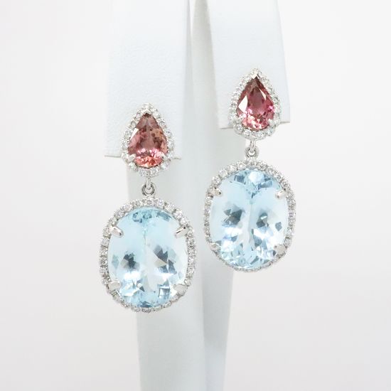 Picture of 18k White Gold Aquamarine, Tourmaline & Diamond Dangle Earrings 