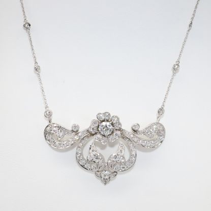 Picture of Antique Art Deco Era 14k White Gold & Diamond Floral Scroll Pendant with Modern Diamond Station Chain