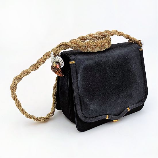 Picture of Vintage 1990s Judith Leiber Black Silk Evening Bag with Braided Gold Strap & Enameled Ram's Heads