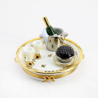 Picture of Limoges Porcelain Gold & White Tray Trinket Box with Miniature Champagne Bottle, Bucket, Glasses & Caviar On Top