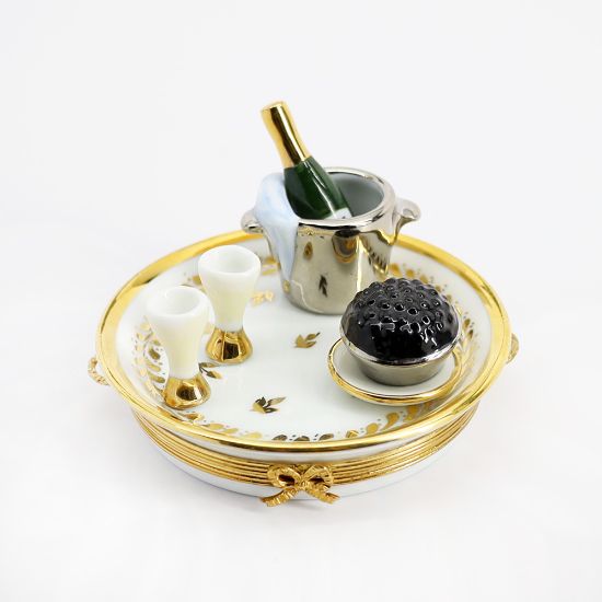 Picture of Limoges Porcelain Gold & White Tray Trinket Box with Miniature Champagne Bottle, Bucket, Glasses & Caviar On Top
