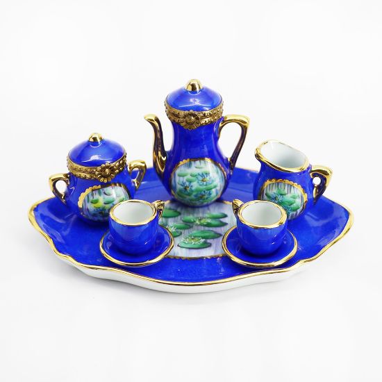Picture of Limoges Porcelain 8-Piece Trinket Box Tea Set in Blue with Waterlily Motif