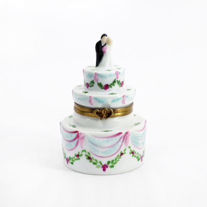 Picture of Limoges Porcelain White Wedding Cake with Bride & Groom Topper Trinket Box