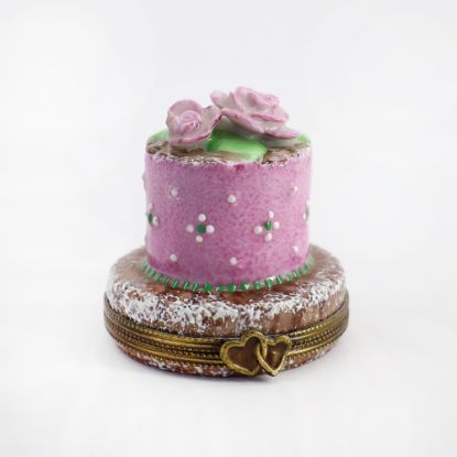 Picture of Limoges Porcelain Chocolate Anniversary Cake with Pink Icing Trinket Box with Bride & Groom Inside