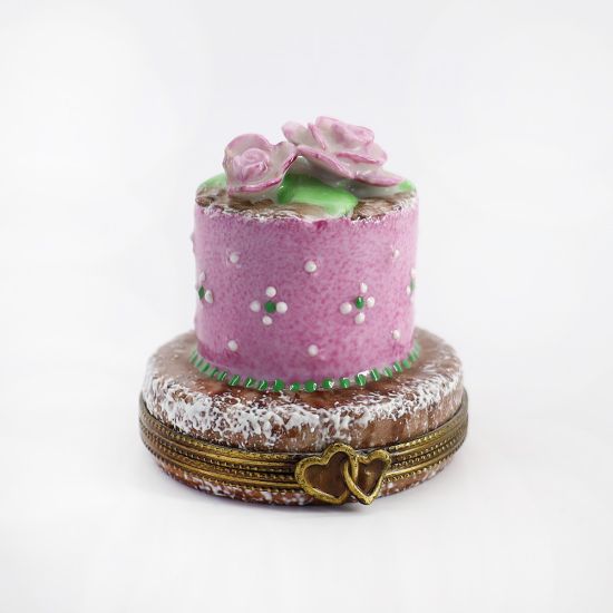Picture of Limoges Porcelain Chocolate Anniversary Cake with Pink Icing Trinket Box with Bride & Groom Inside