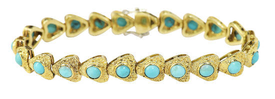 Picture of Vintage 1960's Corletto Italy 14k Textured Yellow Gold & Turquoise Cabochon Bracelet