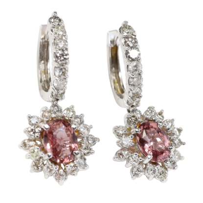 Picture of 14k White Gold, Diamond & Oval Cut Pink Sapphire Dangle Earrings