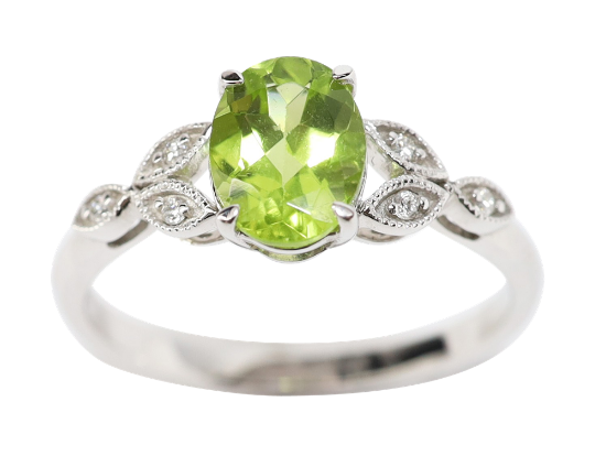 Picture of 14k White Gold, Oval Cut Peridot & Diamond Ring