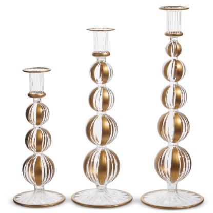 Picture of Set of 3 Gold Striped Glass Candlesticks