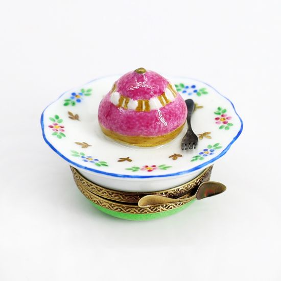 Picture of Limoges Porcelain Strawberry Cream Puff Pastry on Plate with Fork Trinket Box 