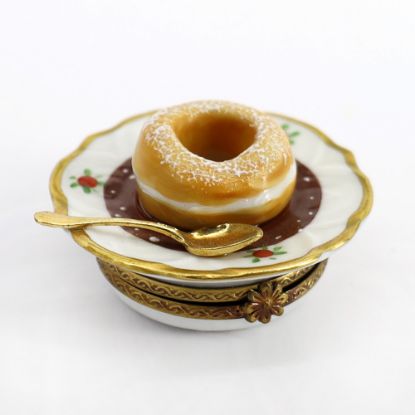 Picture of Limoges Porcelain Paris-Brest Pastry on Plate with Spoon Trinket Box