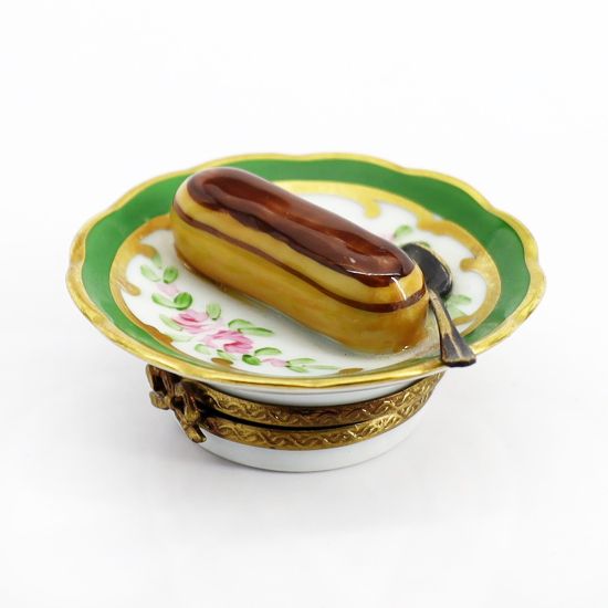 Picture of Limoges Porcelain Chocolate Eclair on Plate with Spoon Trinket Box