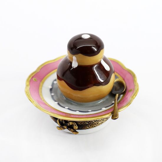 Picture of Limoges Porcelain Chocolate Cream Puff Pastry on Plate with Spoon Trinket Box