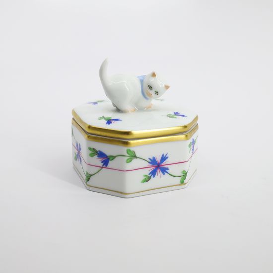 Picture of Herend Blue Garland Small Trinket Box With Kitten On Lid