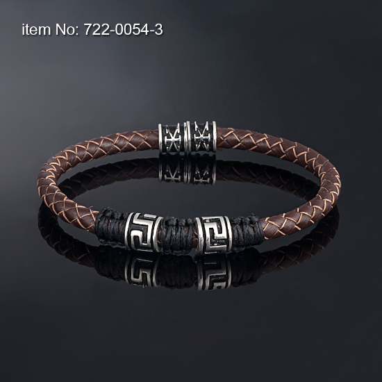Picture of Sterling Silver Brown Leather Bracelet with Greek Meanders Motif