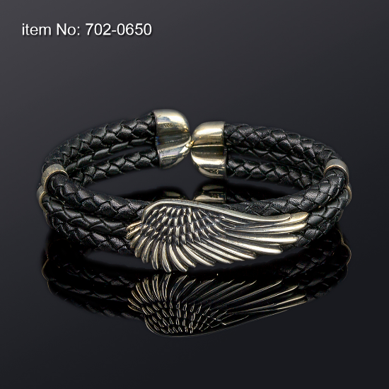 Picture of AXION Sterling Silver Black Braided Leather Flex Bracelet with Angel Wing Motif