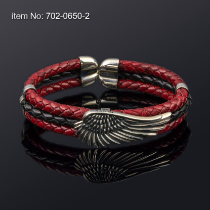 Picture of AXION Sterling Silver Red & Black Braided Leather Flex Bracelet with Angel Wing Motif