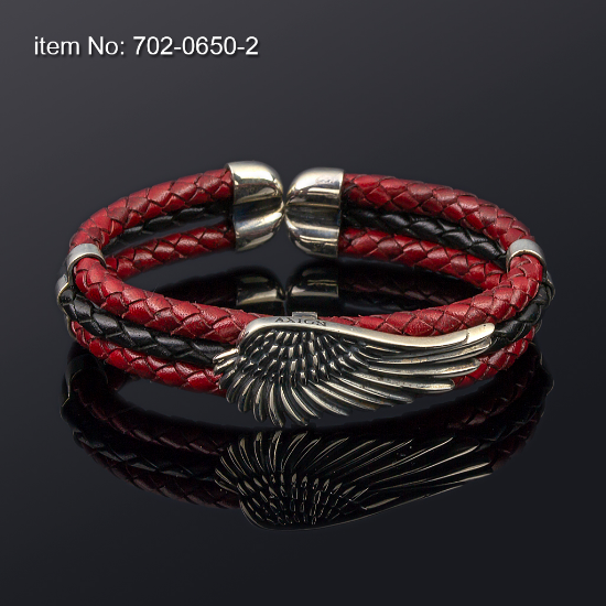 Picture of AXION Sterling Silver Red & Black Braided Leather Flex Bracelet with Angel Wing Motif