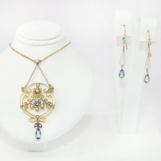 Picture of Antique Edwardian 15k Gold, Aquamarine & Seed Pearl Necklace & Earring Set