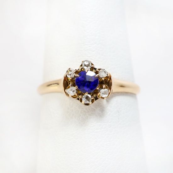 Picture of Antique Victorian Era 10k Gold & Blue Paste Ring with Diamond Halo