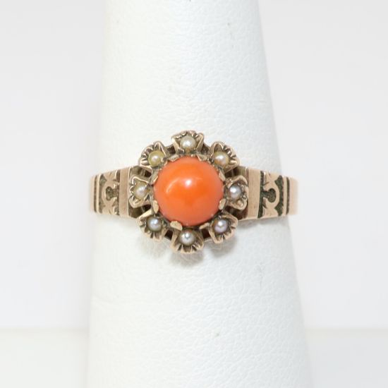 Picture of Antique Victorian 10k Gold Ring with Coral Cabochon & Seed Pearl Halo