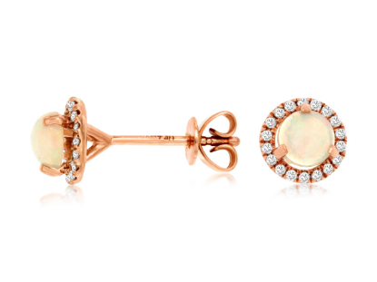 Picture of 14k Rose Gold Round Opal Halo Diamond Earrings