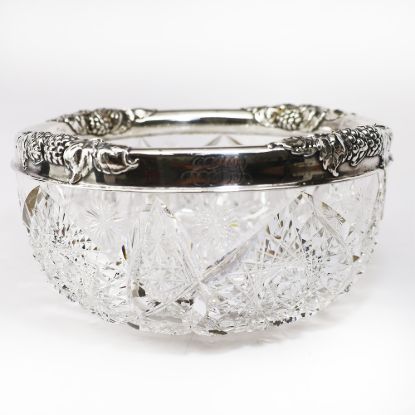 Picture of Antique Victorian Cut Crystal Bowl with Sterling Silver, Grape Themed Rim