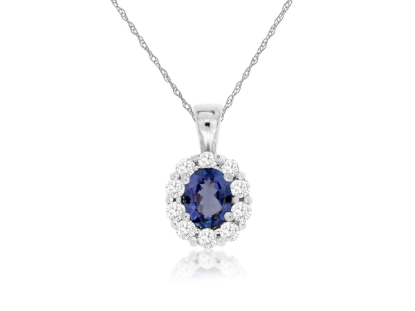 Picture of 14k White Gold Oval Tanzanite & Diamond Halo Pendant