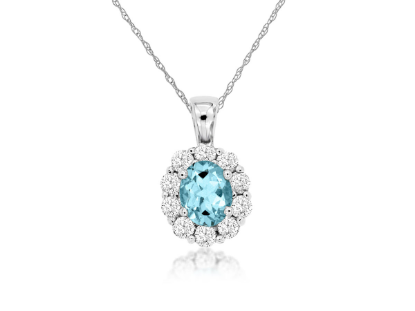 Picture of 14k White Gold Oval Aquamarine & Diamond Halo Pendant