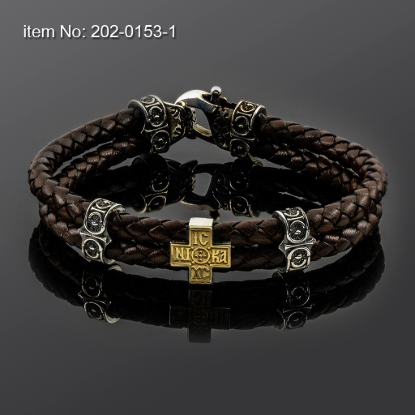 Picture of AXION Sterling Silver & 14k Yellow Gold Cross Motif Brown Braided Leather Bracelet