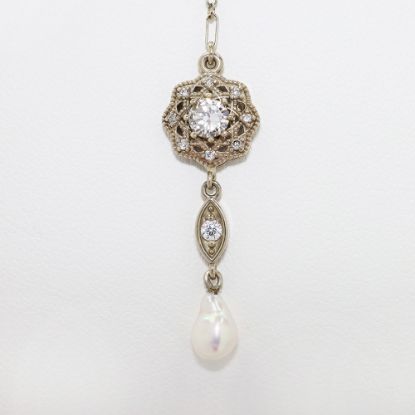 Picture of Art Deco Inspired 14k White Gold, Diamond & Pearl Lavalier Necklace