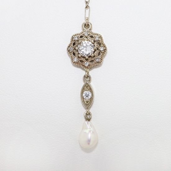 Picture of Art Deco Inspired 14k White Gold, Diamond & Pearl Lavalier Necklace