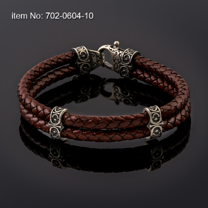 Picture of AXION Sterling Silver Bracelet with Signature Motif Washers & Braided Brown Leather