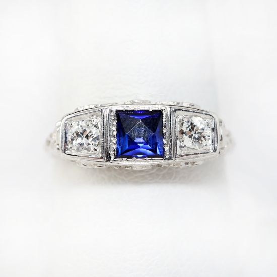 Picture of Antique 18k White Gold Filigree, Diamond & Synthetic Sapphire Ring