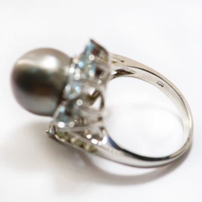 Picture of 14k White Gold Tahitian Black Cultured Pearl, Topaz, and Diamond Ring
