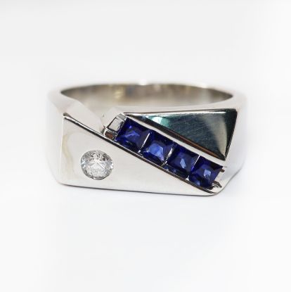 Picture of 14k White Gold Sapphire and Burnish Set Diamond Ring