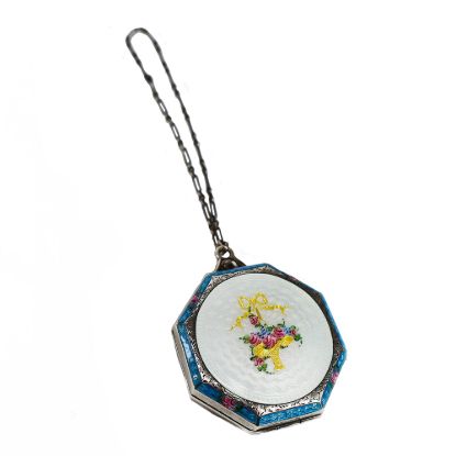 Picture of Antique 1920s Sterling Silver & Guilloche Enamel Powder Compact with Wrist Strap